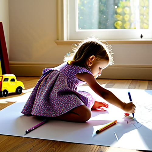 Home 9 A young child, fully clothed in a colorful dress, is drawing with crayons on a large sheet of paper spread on the floor, surrounded by toys. Sunlight streams through a nearby window, illuminating the scene. The image should convey joy and imagination. Safe for work, appropriate content, modest, family-friendly, perfect anatomy, natural pose, professional quality.