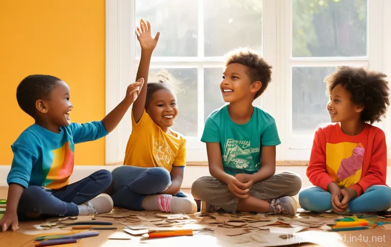 유아기 창의적 활동 계획 - **Prompt:** A group of diverse young children, aged 5-8, are joyfully engaged in creative play in a ...