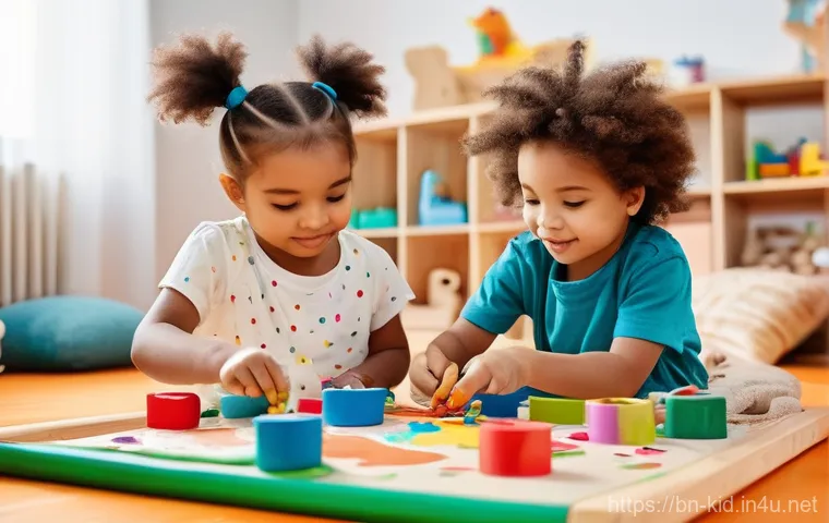 영유아 창의력 개발 - **Hands-On Creative Play**
    A group of three diverse young children, aged 5-7, are happily engage...