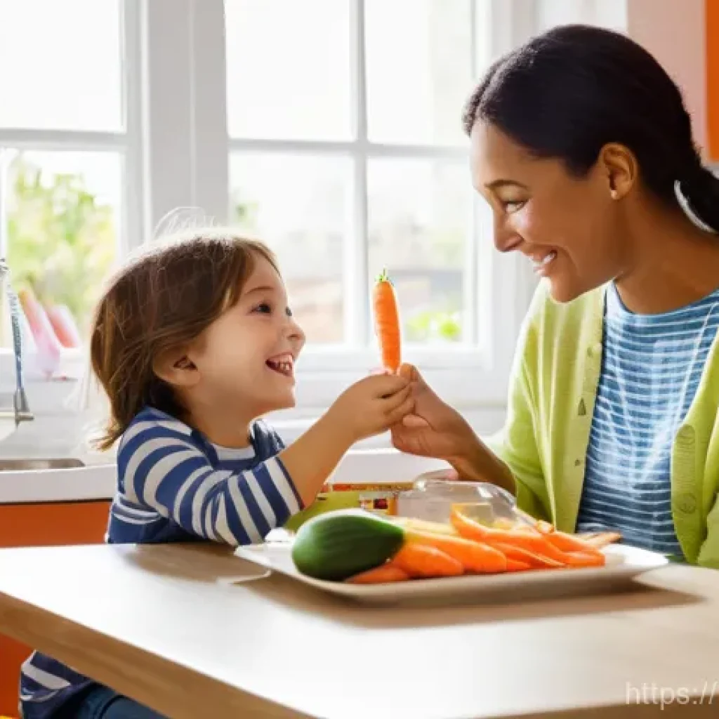 영유아 식습관 교육 - **Prompt 1: Joyful Rainbow Mealtime**
    A brightly lit, cheerful kitchen scene with a mother and h...