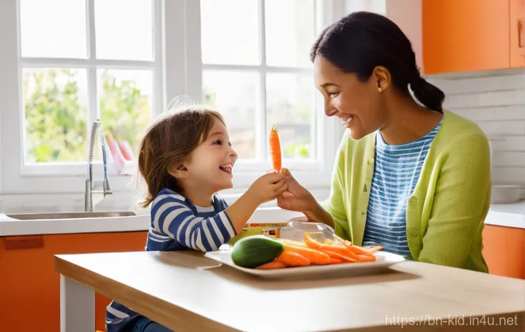 영유아 식습관 교육 - **Prompt 1: Joyful Rainbow Mealtime**
    A brightly lit, cheerful kitchen scene with a mother and h...