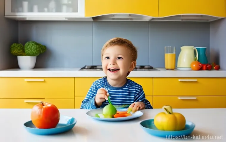 영유아 식습관 교육 - **Prompt 1: Joyful Rainbow Mealtime**
    A brightly lit, cheerful kitchen scene with a mother and h...