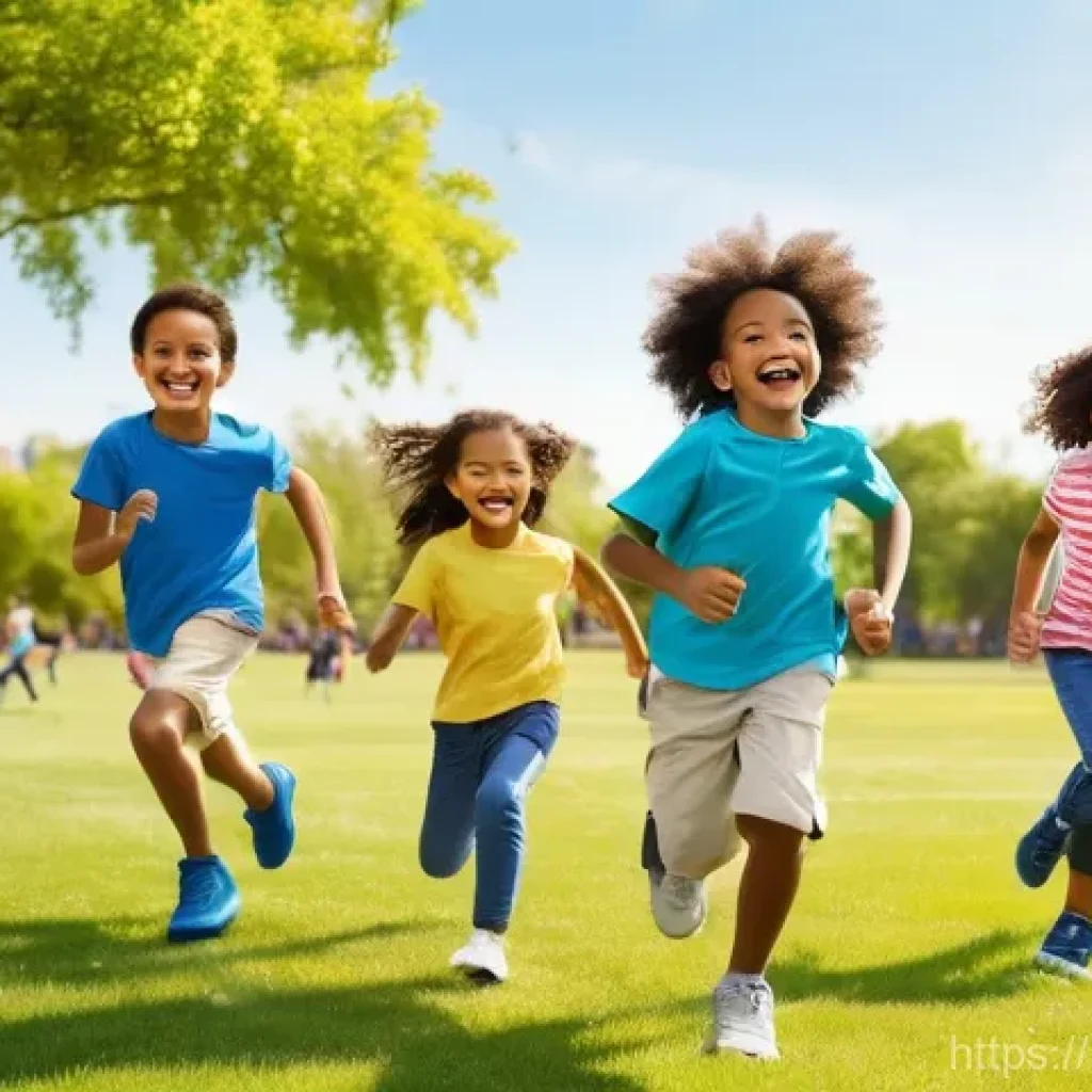 놀이 중재 방법 - **Vibrant Outdoor Play:** A diverse group of cheerful children, aged 6-10, are energetically playing...