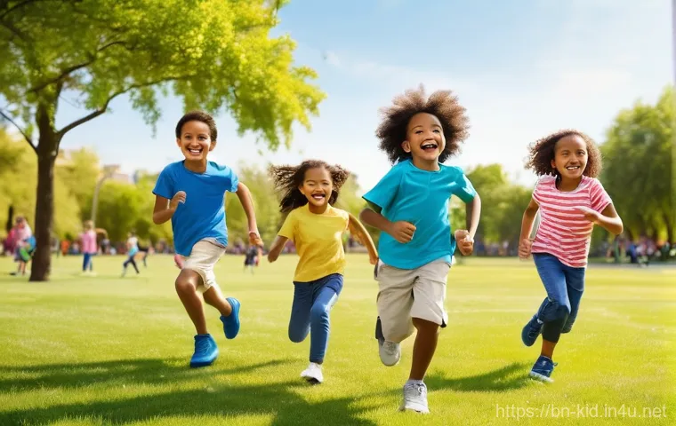 놀이 중재 방법 - **Vibrant Outdoor Play:** A diverse group of cheerful children, aged 6-10, are energetically playing...