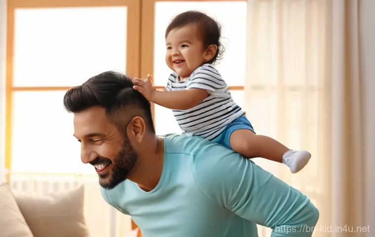 아빠와 함께하는 놀이 - **Wholesome Toddler Play with Father:**
    A heartwarming and brightly lit indoor scene featuring a...