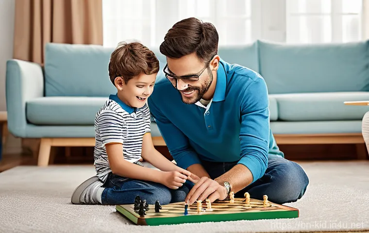 아빠와 함께하는 놀이 - **Wholesome Toddler Play with Father:**
    A heartwarming and brightly lit indoor scene featuring a...