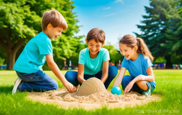 유아기 사회성 발달 - **Prompt 1: Joyful Outdoor Play and Cooperation**
    A vibrant, sunlit outdoor scene featuring a di...