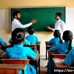 스마트 교구 활용법 - A modern classroom scene in Bangladesh featuring a female Bengali teacher using a large interactive ...