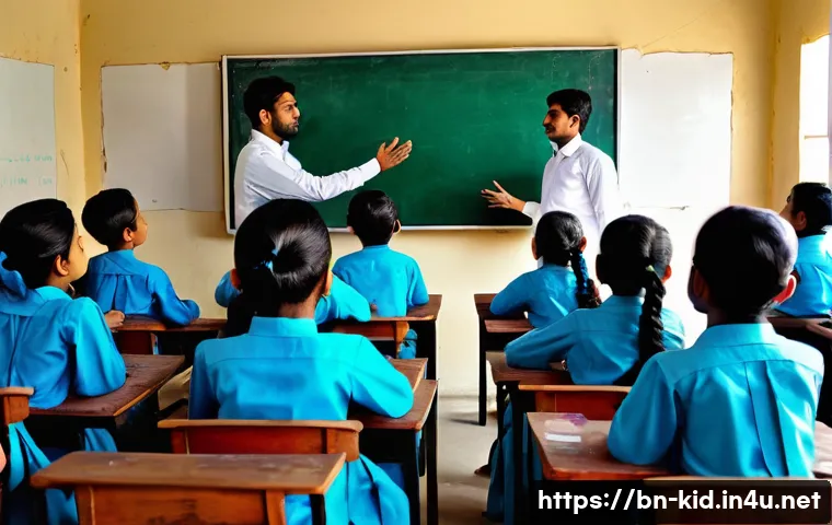 스마트 교구 활용법 - A modern classroom scene in Bangladesh featuring a female Bengali teacher using a large interactive ...
