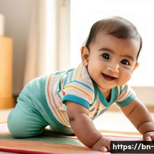 유아기 동작 발달 - A joyful Bengali baby wearing a colorful diaper, smiling with bright curious eyes, crawling on a sof...