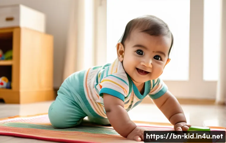 유아기 동작 발달 - A joyful Bengali baby wearing a colorful diaper, smiling with bright curious eyes, crawling on a sof...