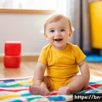 유아기 수 개념 형성 - A joyful toddler wearing a colorful diaper, sitting on a soft play mat surrounded by vibrant, multic...