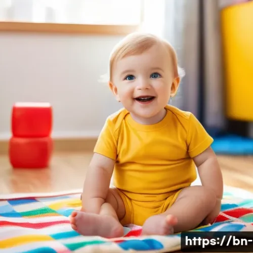 유아기 수 개념 형성 - A joyful toddler wearing a colorful diaper, sitting on a soft play mat surrounded by vibrant, multic...