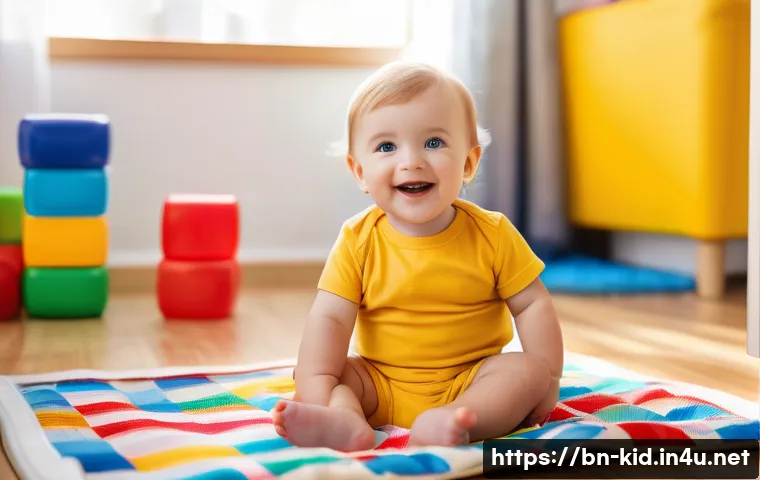 유아기 수 개념 형성 - A joyful toddler wearing a colorful diaper, sitting on a soft play mat surrounded by vibrant, multic...