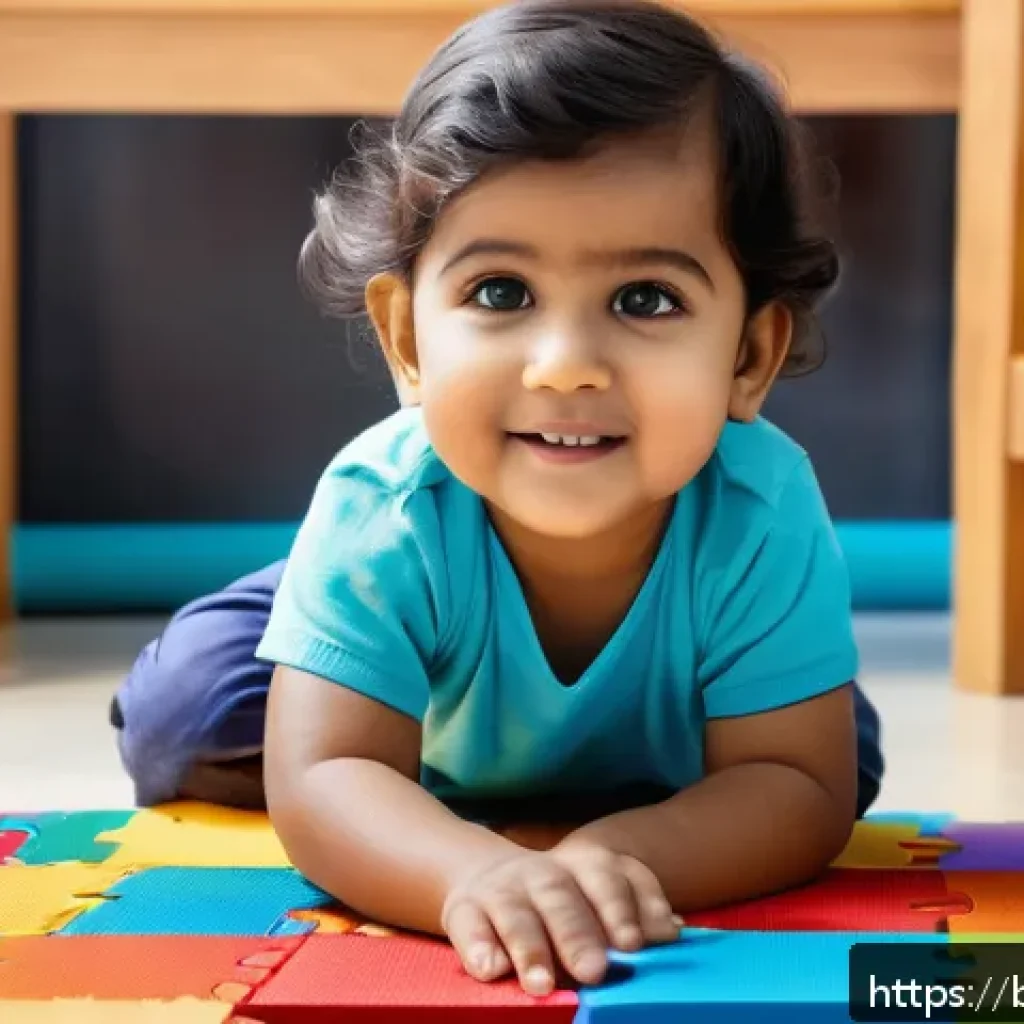영유아기 두뇌 발달 - A young Bengali child wearing colorful comfortable clothing and a diaper, sitting on a soft play mat...