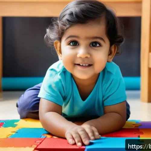영유아기 두뇌 발달 - A young Bengali child wearing colorful comfortable clothing and a diaper, sitting on a soft play mat...
