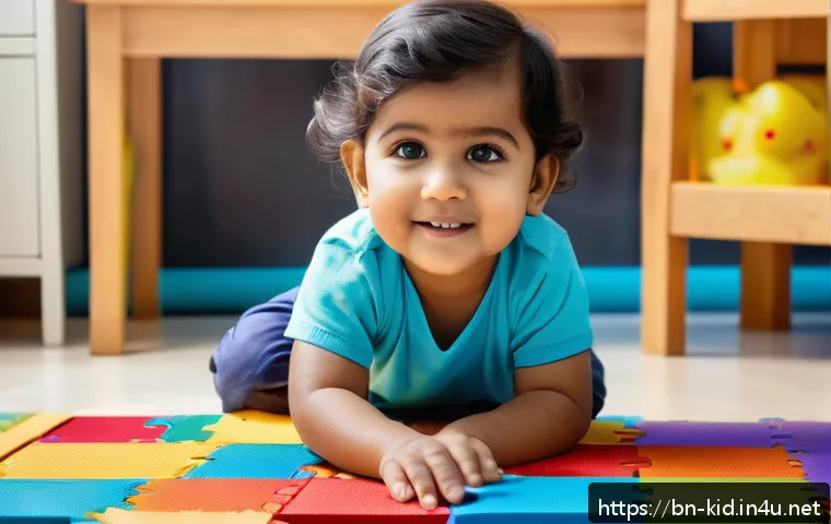 영유아기 두뇌 발달 - A young Bengali child wearing colorful comfortable clothing and a diaper, sitting on a soft play mat...