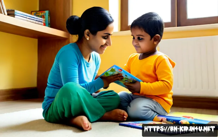 영유아 그림책 활용법 - Photorealistic Bengali mother and toddler sitting together on a soft floor mat in a bright, welcomin...
